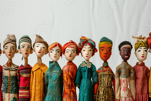 Global People diversity concept art shows in colorful puppet figures in white background, Multi ethical puppet figures standing in a row, Traditional handmade cute wooden puppets in fancy costumes