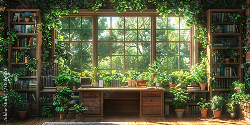 Nature-inspired mural: wooden desk, plants, books, natural light.generative ai