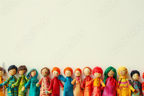 Global People diversity concept art shows in colorful puppet figures in white background, Multi ethical puppet figures standing in a row, Traditional handmade cute wooden puppets in fancy costumes