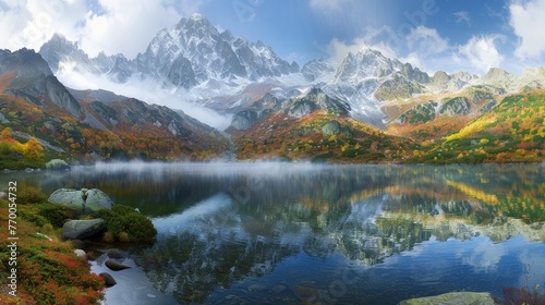  A stunning painting of majestic mountains  a serene lake below  and fluffy clouds above