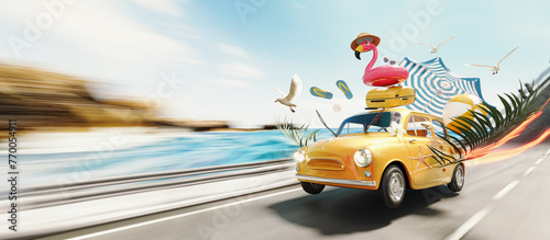 Orange retro car with luggage and beach accessories in a rush for summer vacation. Summer travel concept background. 3D Rendering  3D Illustration