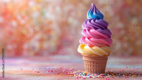 Beautiful Colorful Ice Cream in Waffle Cup on a Beige Background with Copy Space