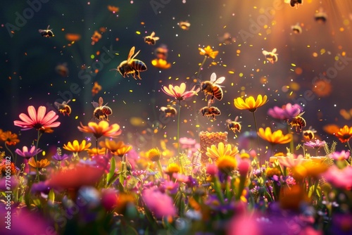 Enchanted Garden with Bees Pollinating Flowers at Sunset. Generative ai