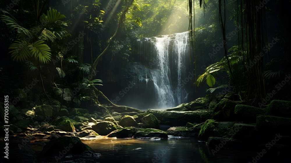 Panoramic image of a waterfall in a tropical rainforest.