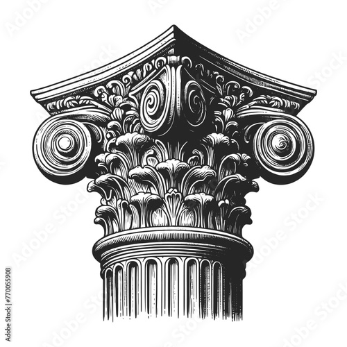 Ionic Roman Greek column capital intricate acanthus leaves and scroll volutes, in engraving style sketch engraving generative ai vector illustration. Scratch board imitation. Black and white image.