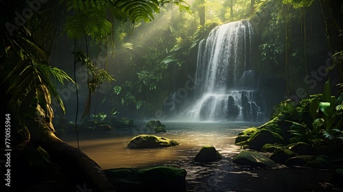 Panorama of beautiful waterfall in rainforest at night. Nature background