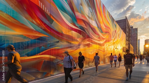 A dynamic, abstract mural that spans the length of a city street, with pedestrians pausing to view and interact with the art. photo