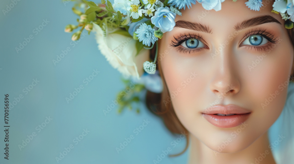 Portrait of a blonde girl with a wreath of flowers on her head. Beauty