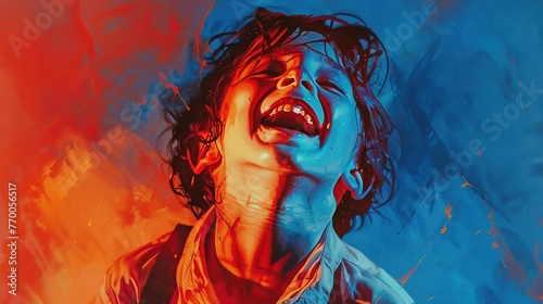 A happy kid in a blue light, red and orange, hyper-realistic portraits, iconic album covers