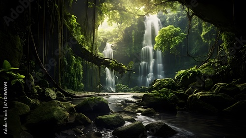 Panoramic view of a waterfall in the forest. Long exposure shot.