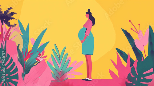 banner about pregnancy and motherhood. Poster with a beautiful young pregnant woman, place for text. Minimalistic design,