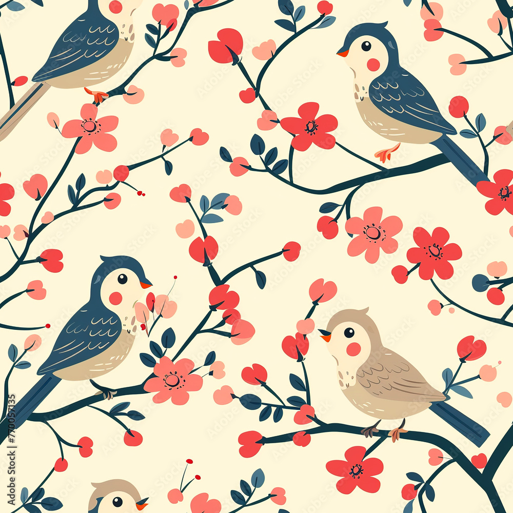 Birds on different branches seamless pattern	