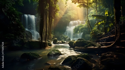 Waterfall in deep forest, Thailand. Panoramic image.