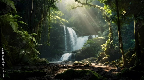 Panorama of a waterfall in a tropical rainforest  long exposure