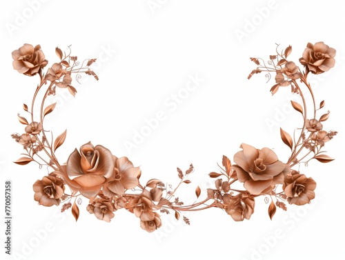 Rose Gold thin barely noticeable flower frame with leaves isolated on white background pattern