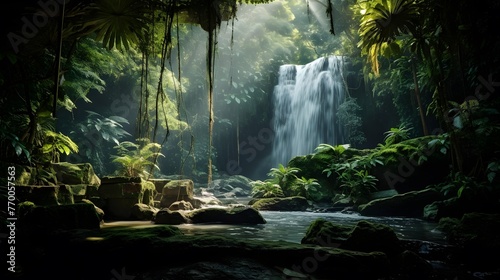 Panoramic view of a waterfall in a tropical rainforest. © Iman