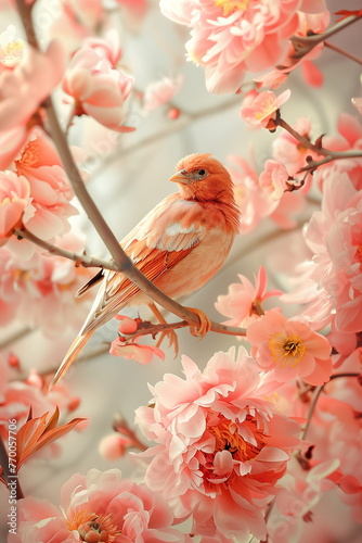 Collage of a fine art of a beautiful bird surrounded by flowers overlain in shades of Peach Fuzz. © videnko