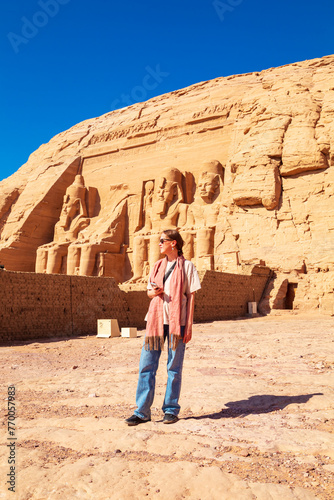 Woman tourist at Abu Simbel, the great temple of Ramses II.