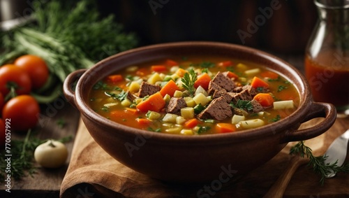 Healthy vegetable soup cooked with fresh meat