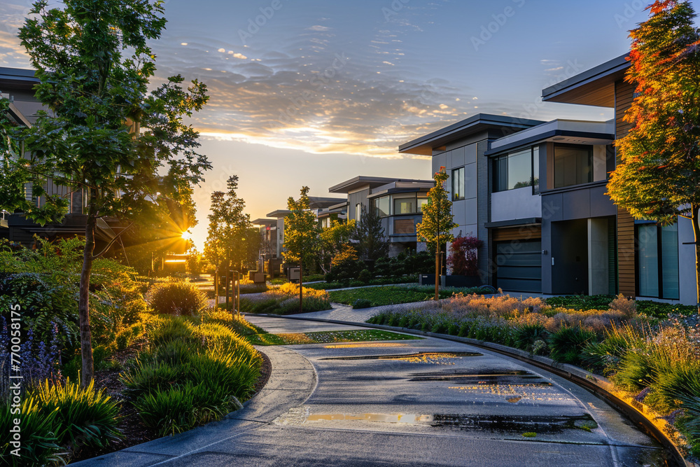 Morning glow on suburban homes with dew-covered gardens and modern architecture. /