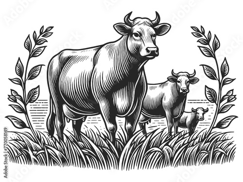  cows grazing peacefully among wildflowers and grass sketch engraving generative ai fictional character vector illustration. Scratch board imitation. Black and white image.