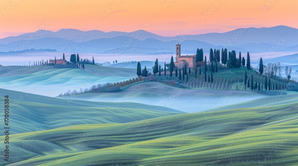Obraz premium A painting of hills, trees, and a tower with sunset in the background