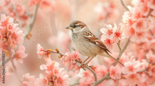 Collage of a fine art of a beautiful bird surrounded by flowers overlain in shades of Peach Fuzz.
