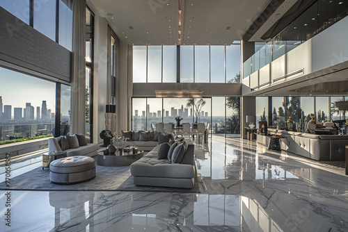 Opulent silver tones capture a house with luxury furnishings and floor-to-ceiling windows showcasing a city skyline. © M Arif