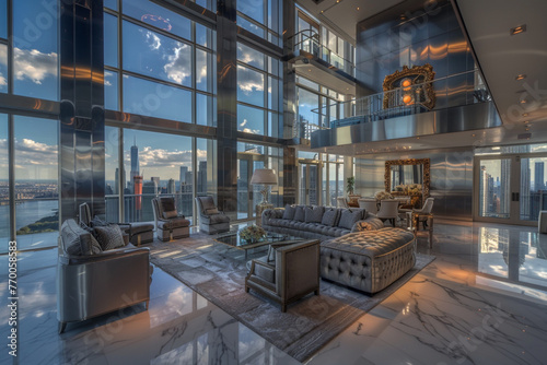 Opulent silver tones capture a house with luxury furnishings and floor-to-ceiling windows showcasing a city skyline. © M Arif