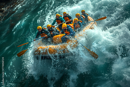Group of People Rafting Down River