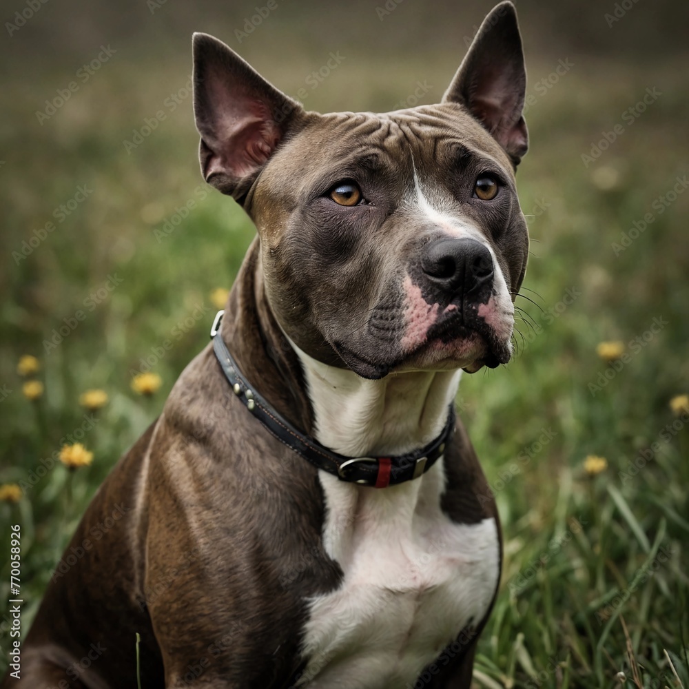 A photo of an amazingly cute, funny and charming American Staffordshire Terrier dog on a beautiful background. Generative AI