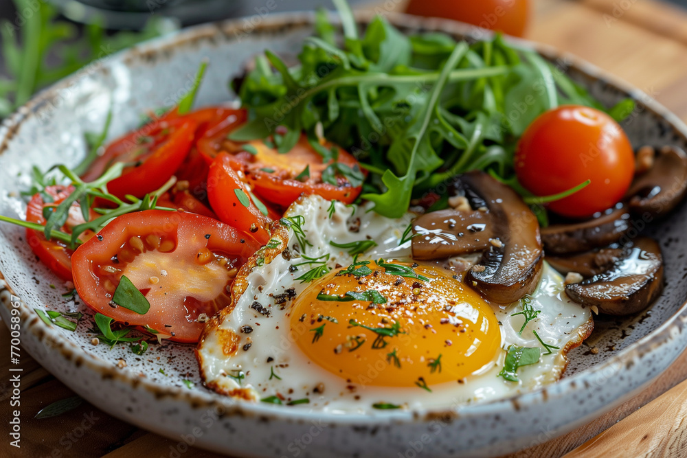 Plate of Food With Mushrooms, Tomatoes, and Egg Plate of Food With Mushrooms, Tomatoes, and Egg
