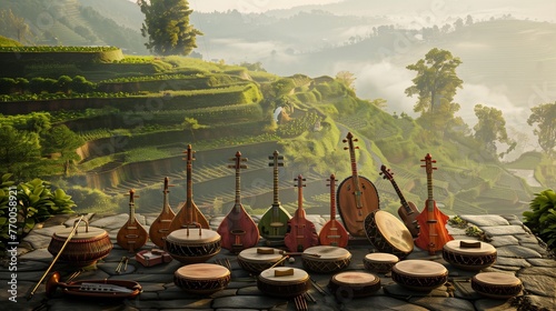 A hyper-realistic image of a traditional Nepali musical ensemble, with instruments such as the madal, sarangi, and bansuri, arranged against the backdrop of a lush, green terrace farm. photo