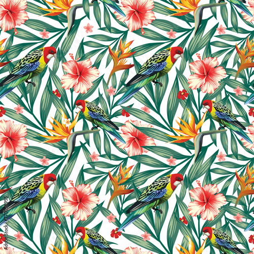 Parrot bird tropical flower and leaves vector pattern.