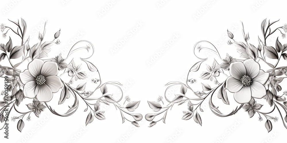 Silver thin barely noticeable flower frame with leaves isolated on white background pattern