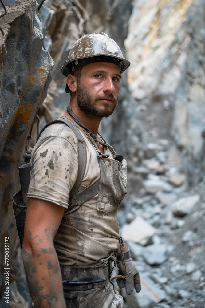Dust-Covered Miner Poses in Rock Quarry at Dusk