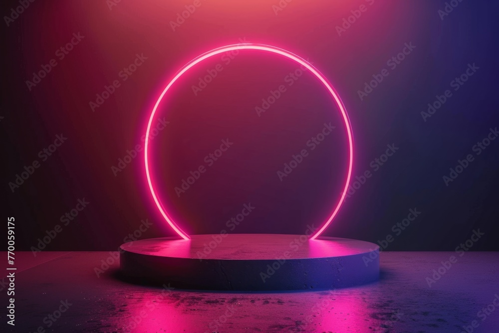 Abstract empty podium scene with a glowing neon pink circle on a dark background for a product presentation Generative AI Abstract empty podium scene with a glowing neon pink circle on a dark background for a product presentation Generative AI