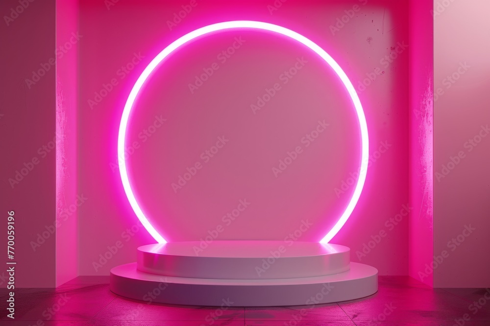 abstract pink neon background with glowing round arch and empty podium for product presentation Generative AI abstract pink neon background with glowing round arch and empty podium for product presentation Generative AI