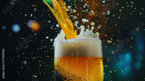Beer is poured from dark brown bottle into beer glass.
