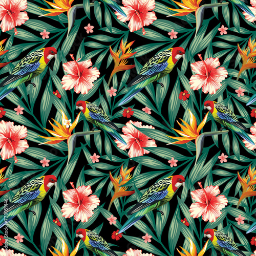 Parrot bird tropical flower and leaves vector pattern.