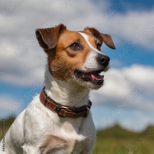 A photo of an amazingly cute, funny and charming Jack Russell Terrier dog on a beautiful background.