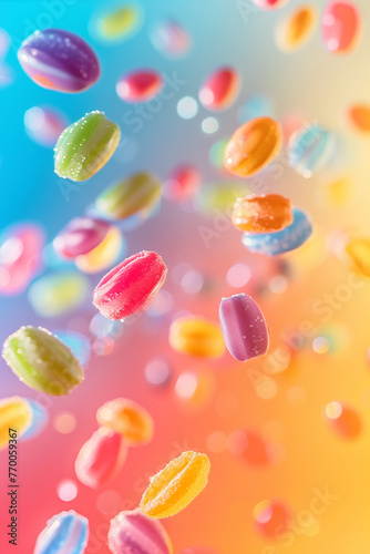 Many flying candies on pastel pink background