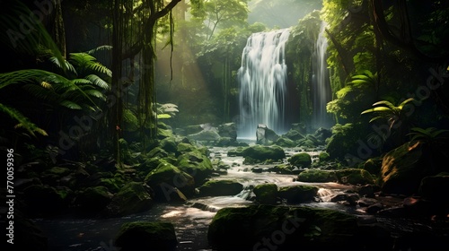 Panoramic view of a small waterfall in the rainforest.