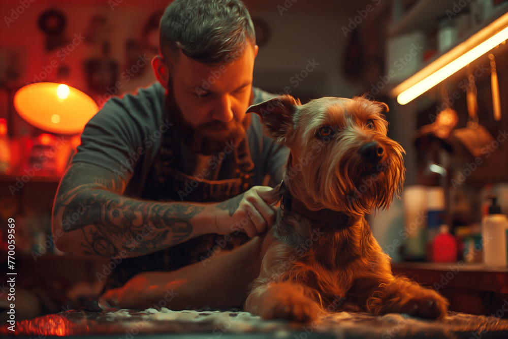 Veterinarian cutting dogs hair with equipment at clinic, groomer, dog hairdresser. washing dogs, smooth fur, portrait and close-up. man and woman grooming barbershop happy dog salon and studio - obrazy, fototapety, plakaty 