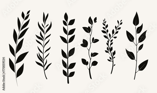 Set of black icons of twigs with leaves. Collection of vector icons of twigs with leaves on a white background