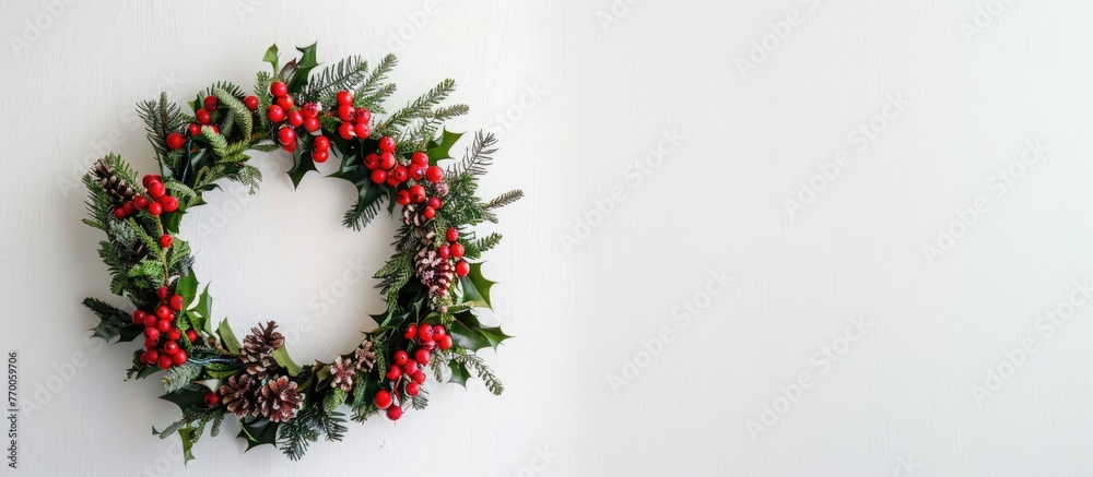 Composition for Christmas featuring a wreath on a white background. Flat lay perspective with a top view and room for text.