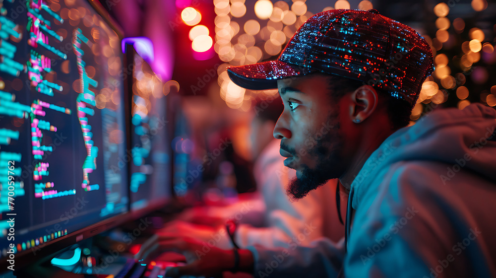 A computer coding enthusiast debugging lines of code on multiple ...