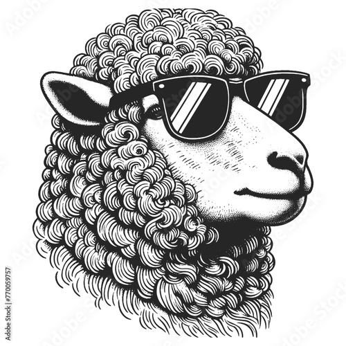 sheep wearing sunglasses engraved design sketch engraving generative ai fictional character vector illustration. Scratch board imitation. Black and white image.