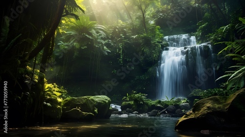 Panoramic view of beautiful waterfall in tropical forest. Nature background