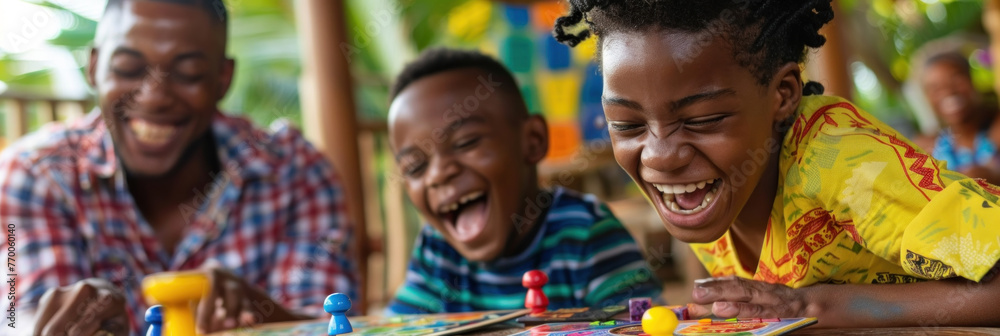 Fototapeta premium A father and two children laugh joyously while playing a colorful board game at a wooden table, showcasing a moment of family bonding